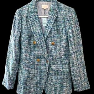 LOFT Woman's Blazer Teal Blue Tweed Size 6P Petite